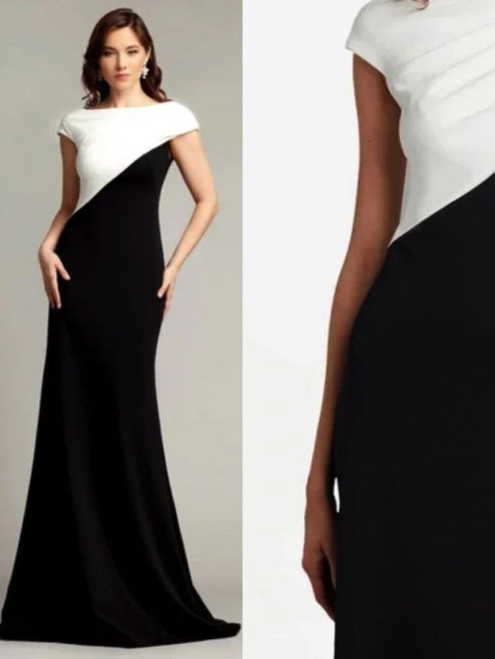 Tadashi Shoji Black and White Asymmetrical Off-Shoulder Maxi Dress